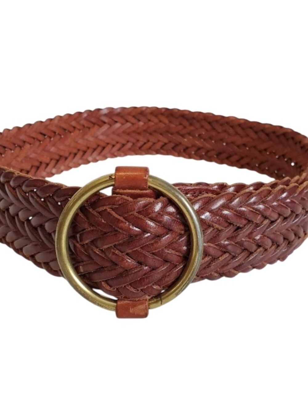 VTG Ann Taylor Brown Cognac Leather Braided Woven Wide Belt Brass Round Buckle